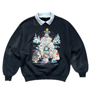 Vintage 90s Christmas Cat Tree Sweatshirt Womens Size M Black Holiday Kittens